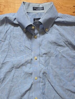Hackett Slim Fit Blue and White Stripe Linen Button-Down Shirt Xl